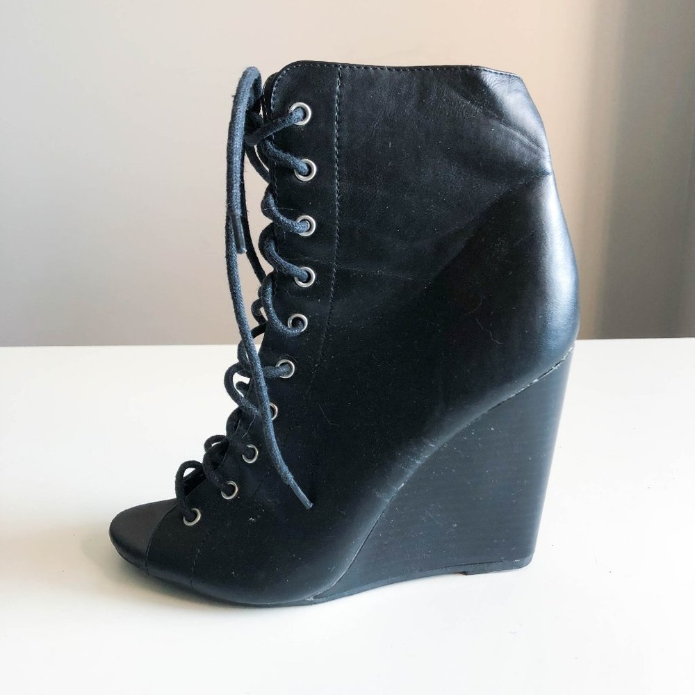 Black Leather Lace Up Platform Wedges Ankle Boots